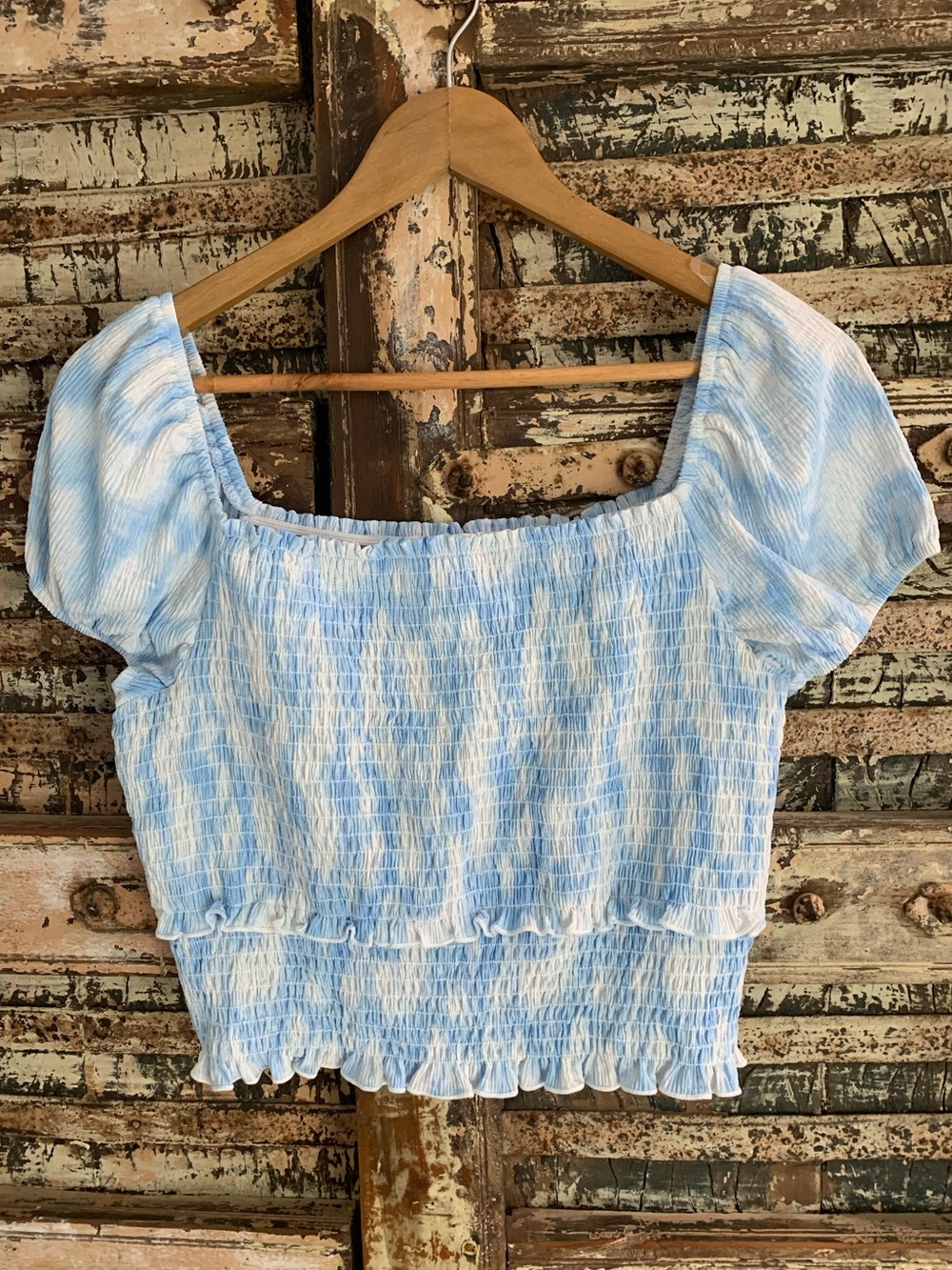 NWT Lush Blue & White Smocked Puff Sleeve Crop Top, Cottagecore, XL